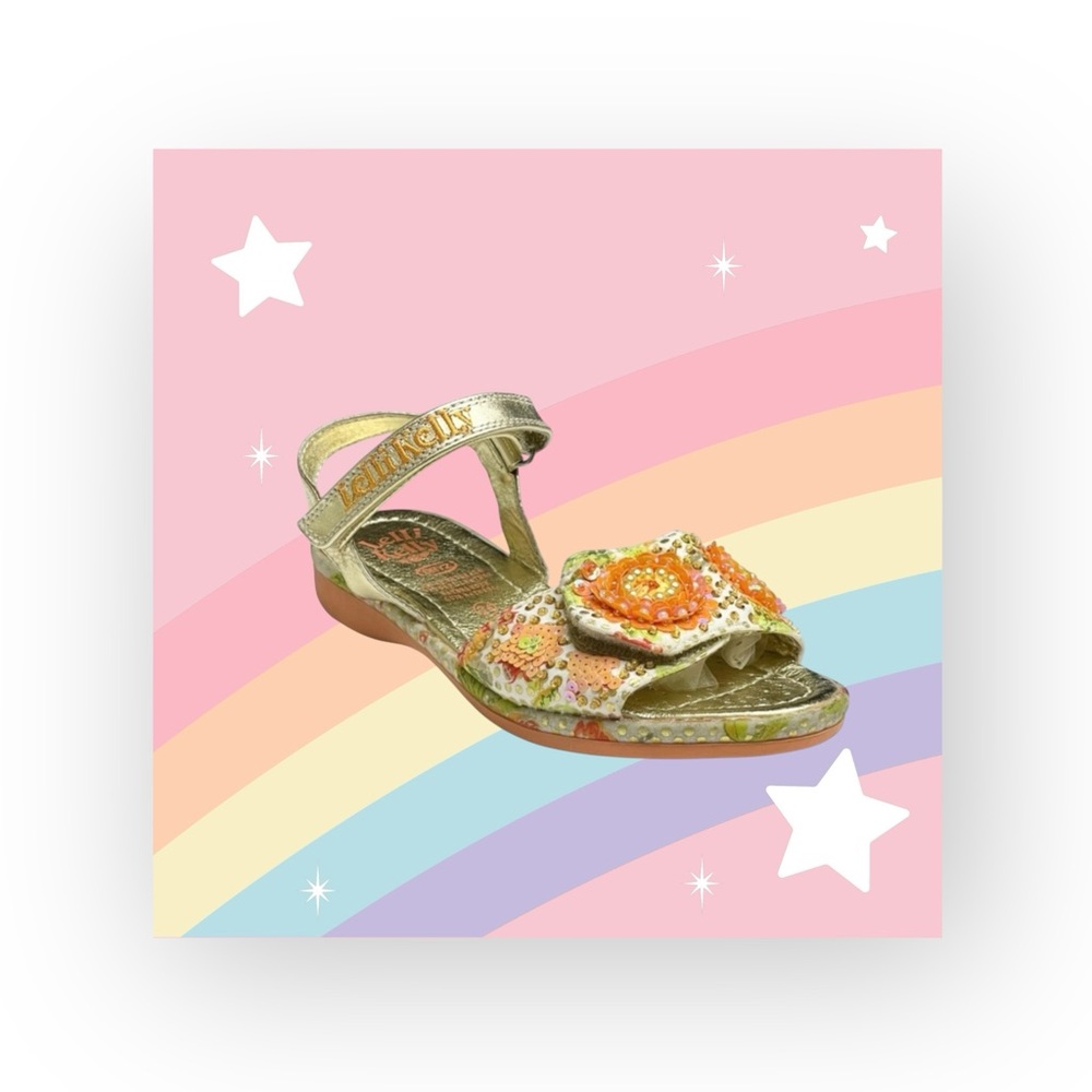 Lelli Kelly ✿ Beaded Floral Ankle Strap Sandals ✿ Orange + Metallic Gold ✿ 34 2M